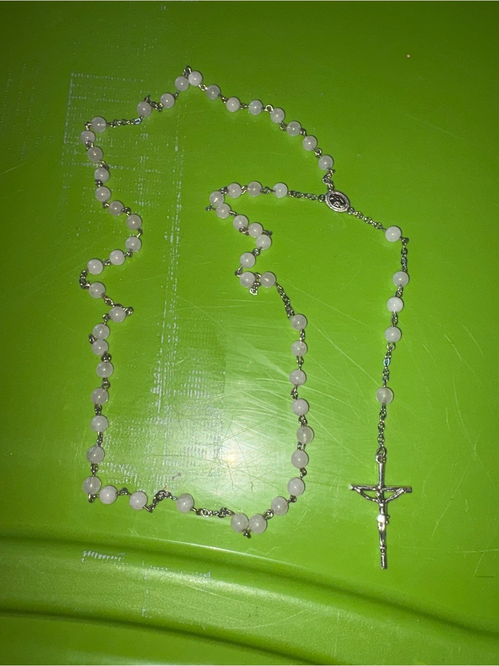 White Bead Rosary Necklace with Silver Crucifix - Women Jewelry